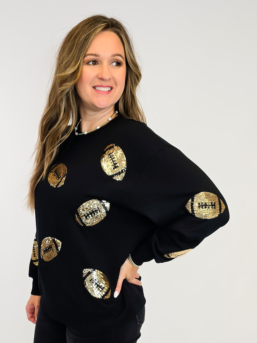 3/4 SLEEVE SARAH SEQUIN FOOTBALL SWEATSHIRT - BLACK/GOLD