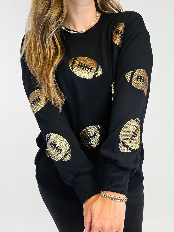 3/4 SLEEVE SARAH SEQUIN FOOTBALL SWEATSHIRT - BLACK/GOLD