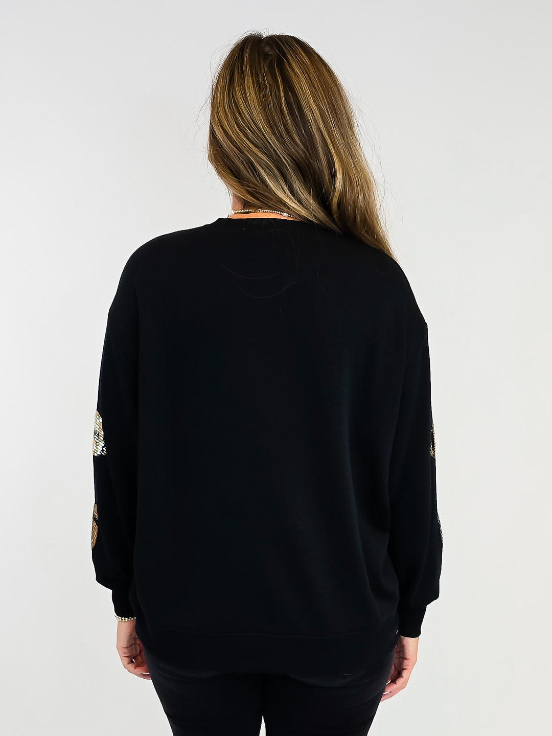 3/4 SLEEVE SARAH SEQUIN FOOTBALL SWEATSHIRT - BLACK/GOLD