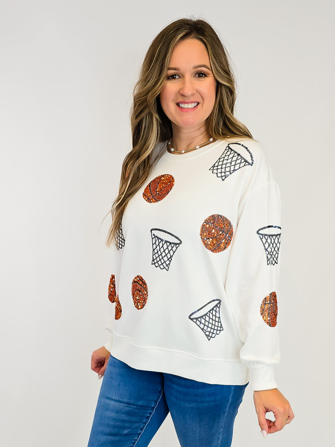 3/4 SLEEVE SARAH SEQUIN BASKETBALL SWEATSHIRT - WHITE