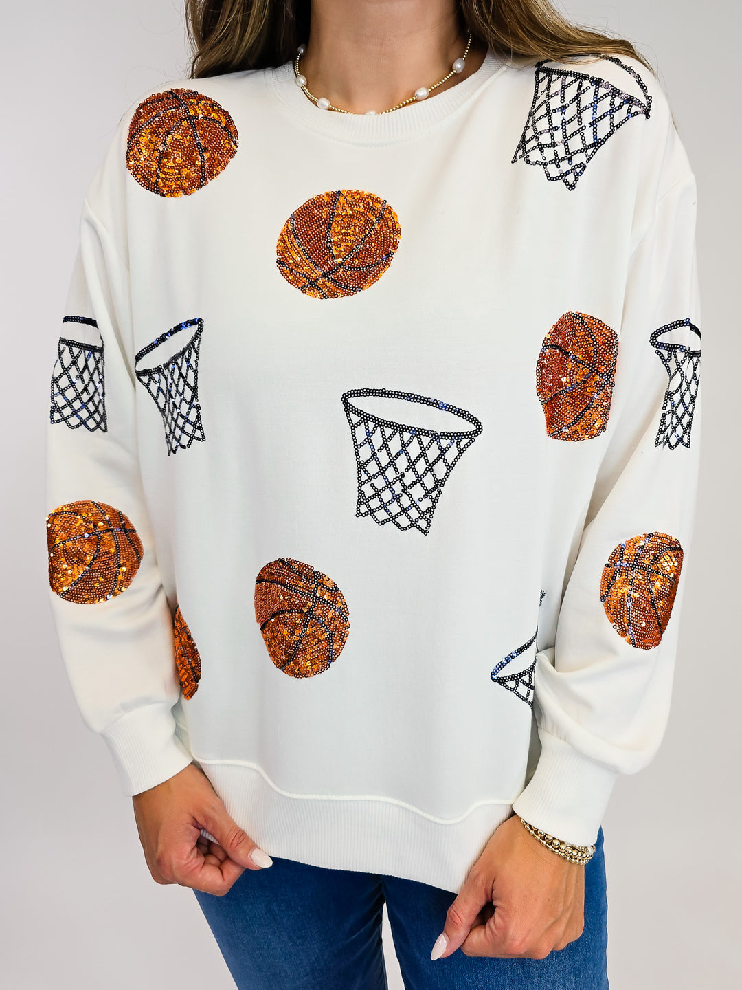 3/4 SLEEVE SARAH SEQUIN BASKETBALL SWEATSHIRT - WHITE