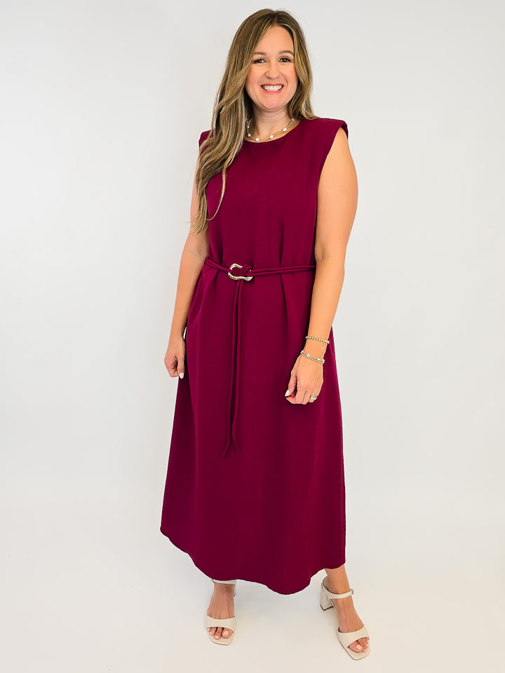 SOLID MIDI SLEEVELESS DRESS - BURGUNDY