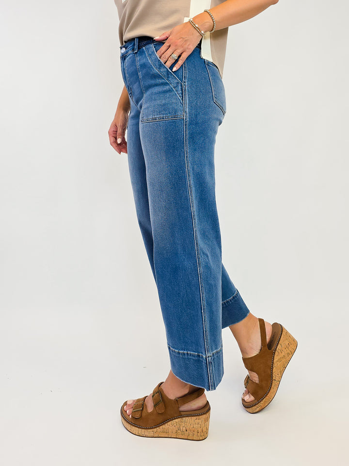 LOVERVET HIGH RISE ELASTIC WAISTBAND WIDE LEG JEANS - FIORELLA - 27" INSEAM