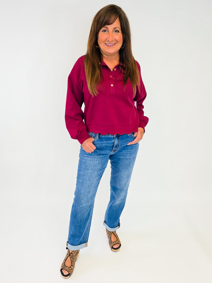 LONG SLEEVE SCALLOP HEM TOP - BURGUNDY