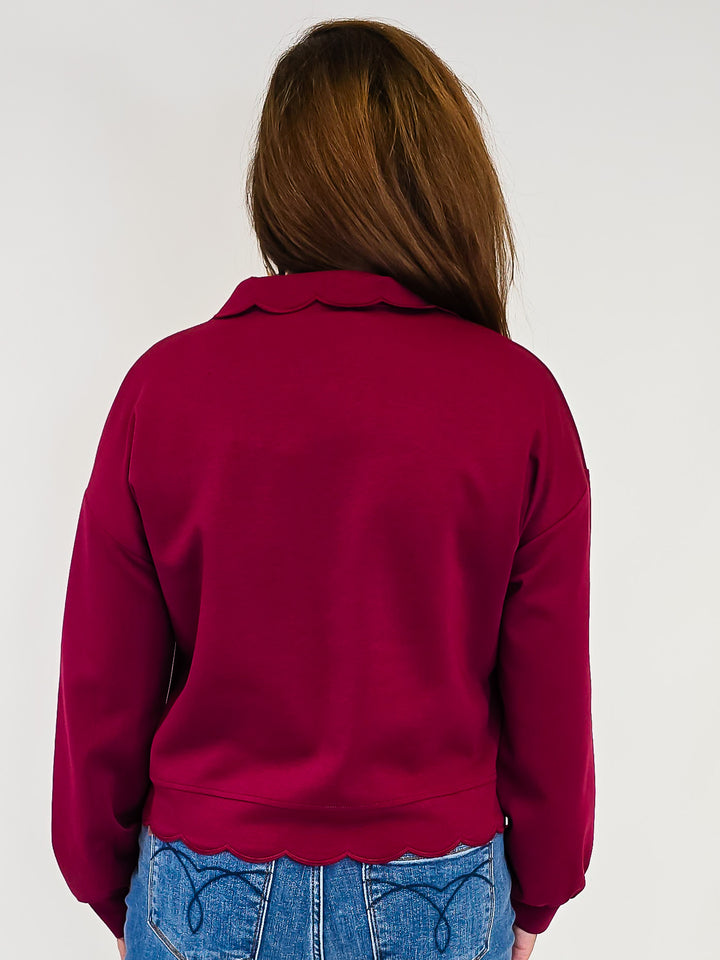 LONG SLEEVE SCALLOP HEM TOP - BURGUNDY