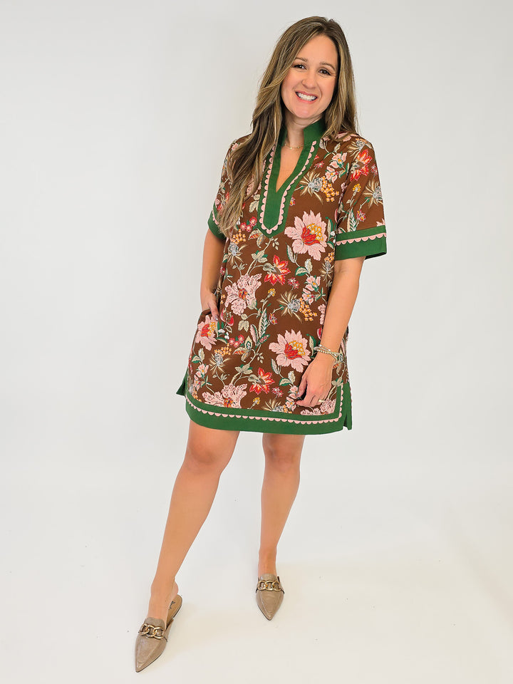 FLORAL PRINT SHORT DRESS W/CAFTAN NECK BAND - BROWN