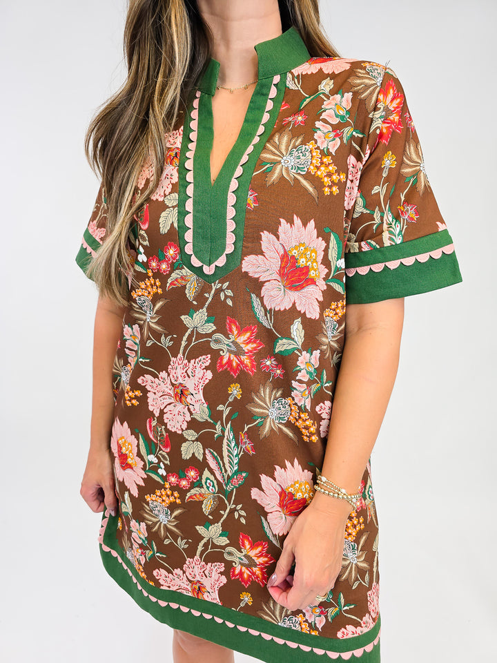 FLORAL PRINT SHORT DRESS W/CAFTAN NECK BAND - BROWN