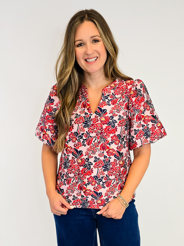 SHORT BUBBLE SLEEVE FLORAL JACQUARD TOP - RED