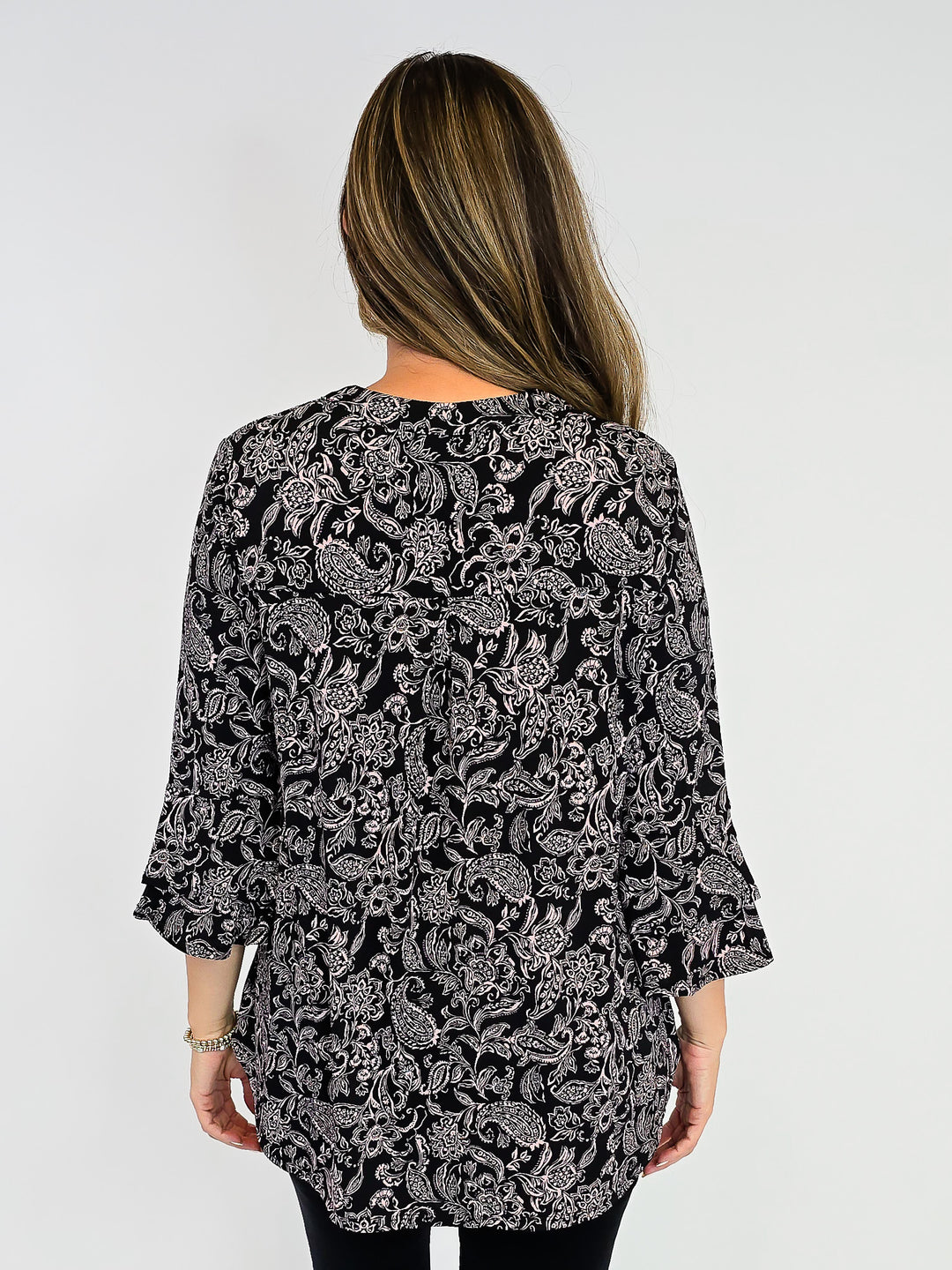 DEAR SCARLETT BELL SLEEVE LIZZY TOP - BLACK PAISLEY