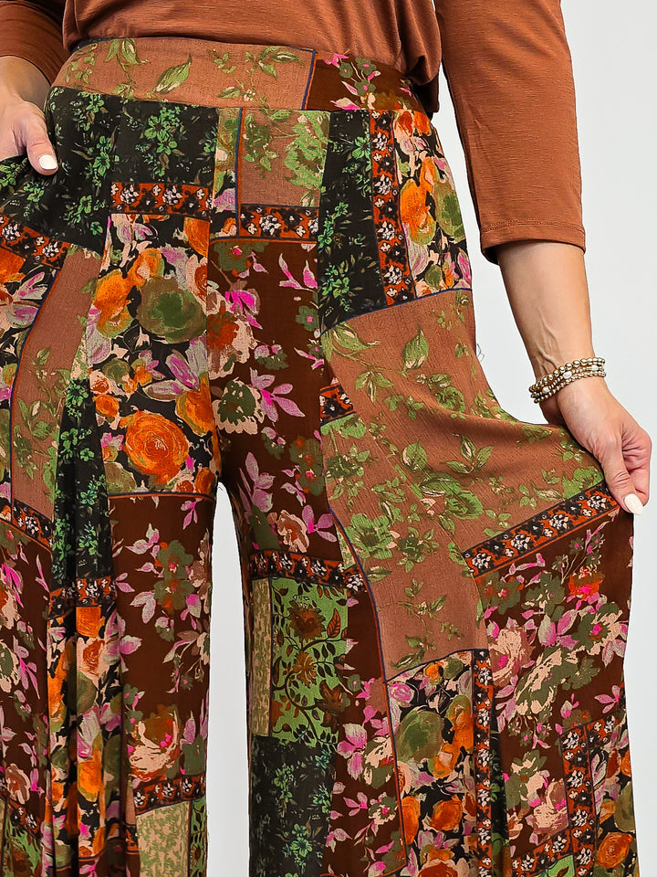 PATCH PRINTED GAUZE PALAZZO PANTS - OLIVE