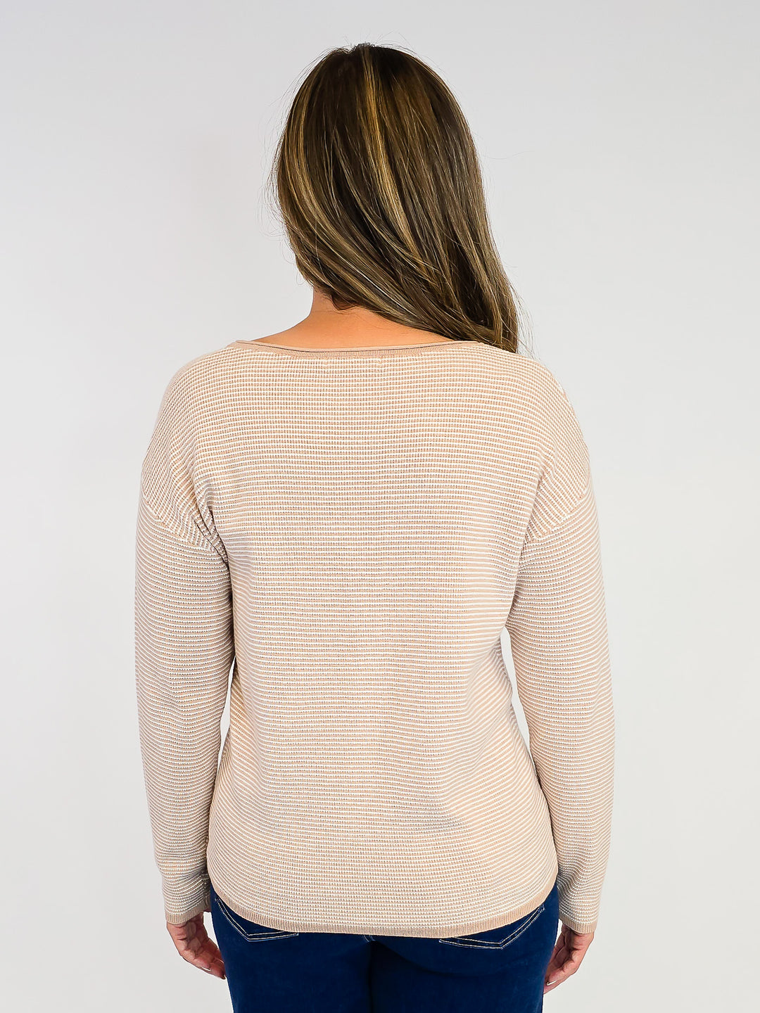 LONG SLEEVE WAFFLE TEXTURED PINSTRIPED SWEATER - TAUPE