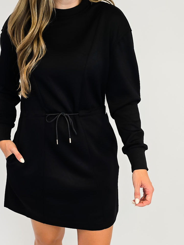 LUXE KNIT CREW NECK CASUAL SHORT DRESS - BLACK