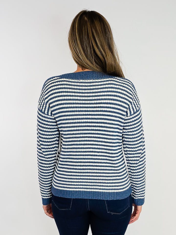 BOAT NECK STRIPED SWEATER - DENIM