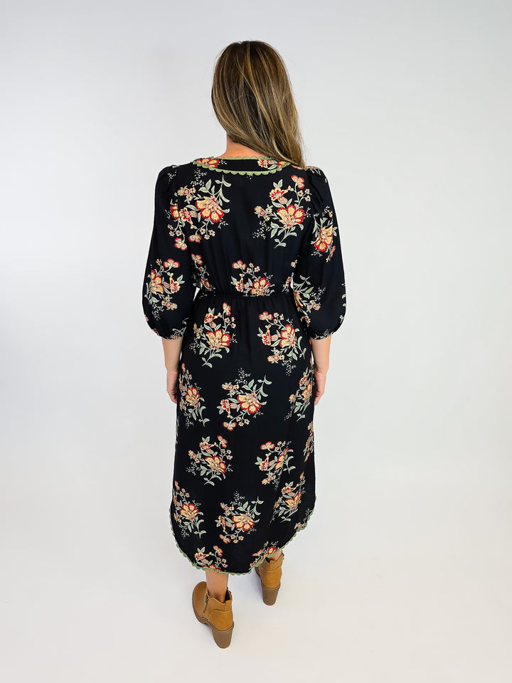 FLORAL MIDI DRESS W/ OLIVE TAPING DETAIL - BLACK