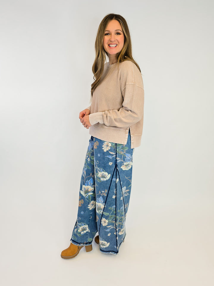 CORDED CROPPED SIDE SLIT CREW NECK PULLOVER - LIGHT MOCHA