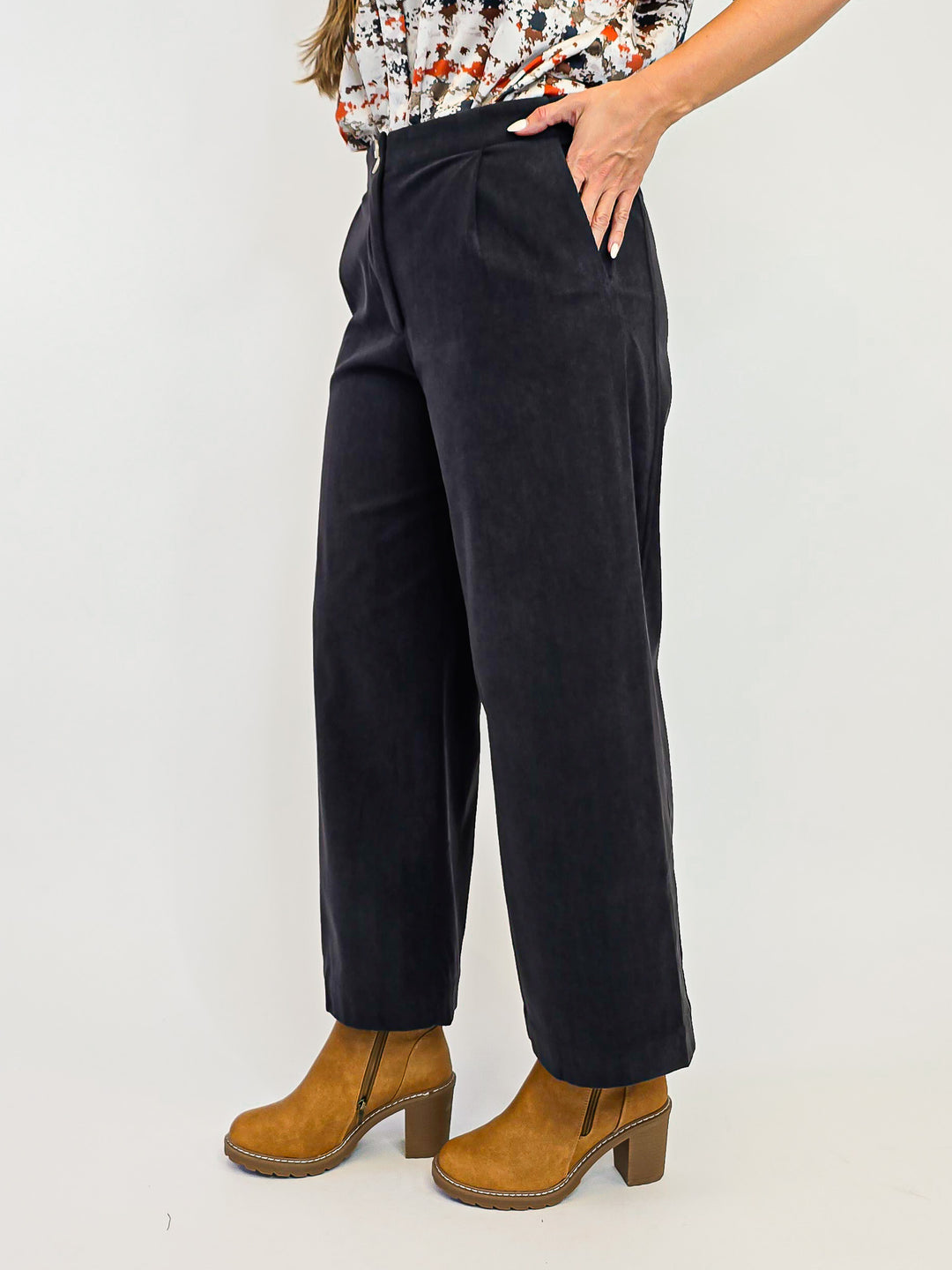 CORDUROY WIDE LEG PANTS - CHARCOAL