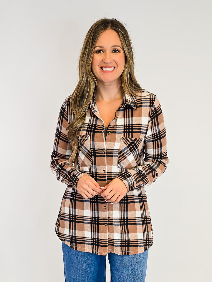 PLAID COLLARED SOFT BUTTON DOWN SHIRT - TAN/BLACK