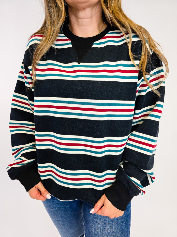 RETRO STRIPED CREW NECK SWEATSHIRT - DUST NAVY