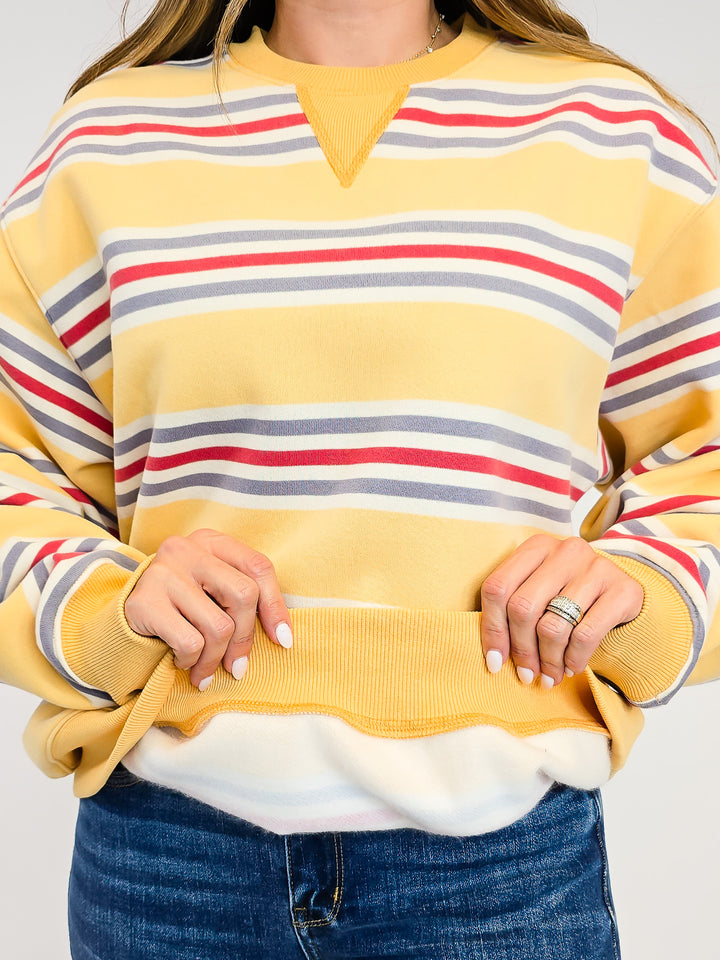 RETRO STRIPED CREW NECK SWEATSHIRT - MUSTARD