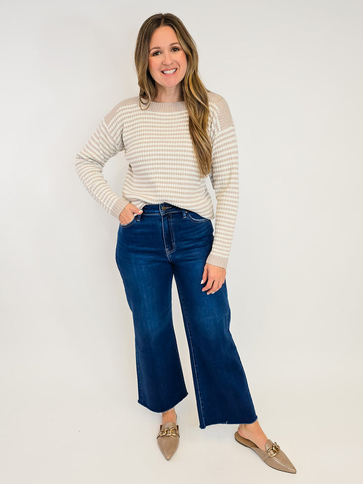 STRIPED BOAT NECK SWEATER - OATMEAL