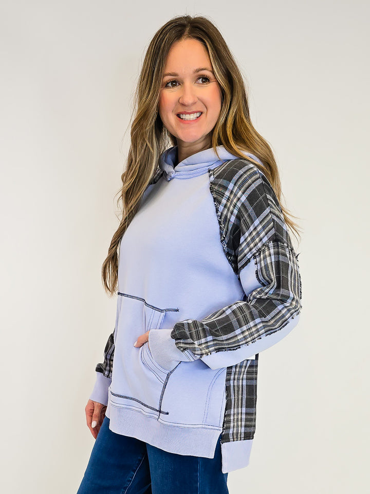 PLAID MIX TERRY PULLOVER HOODIE - PERI BLUE