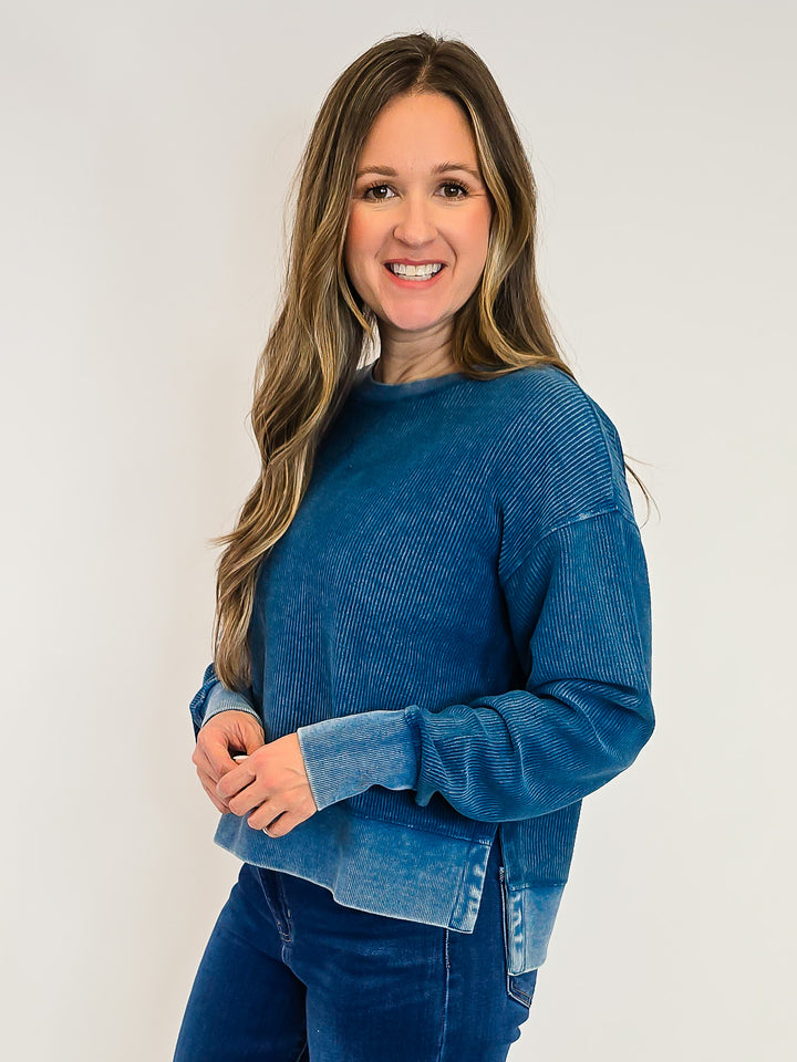 CORDED CROPPED SIDE SLIT CREW NECK PULLOVER - NAVY