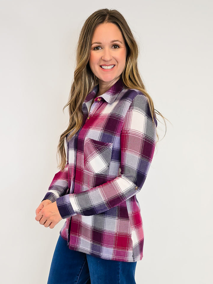 PLAID COLLARED SOFT BUTTON DOWN SHIRT - PLUM/BURGUNDY