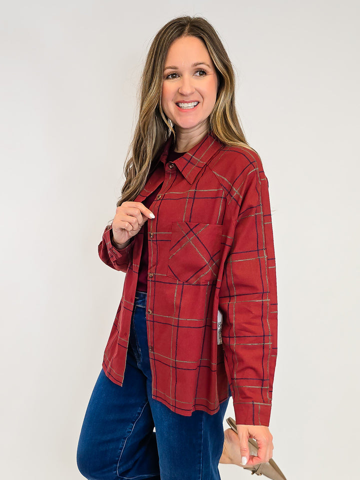 COLLARED CHECK PATTERN LONG SLEEVE SHIRT - BRICK