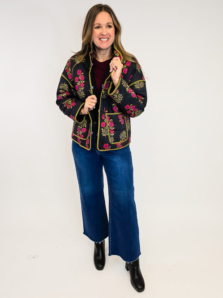 BOTANICAL PRINT QUILTED JACKET - BLACK