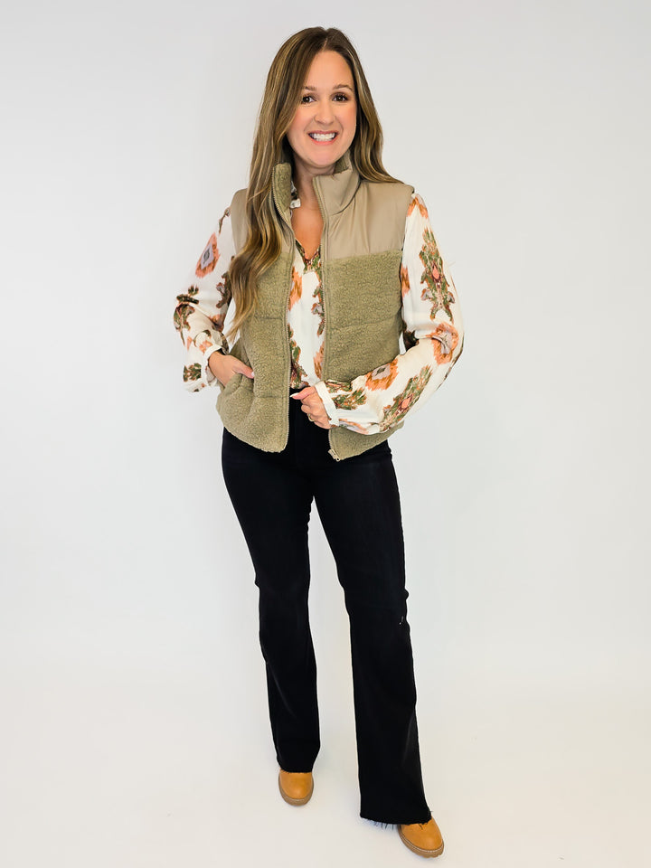 ZIP UP FLEECE VEST W/POLAR COLLAR - KHAKI