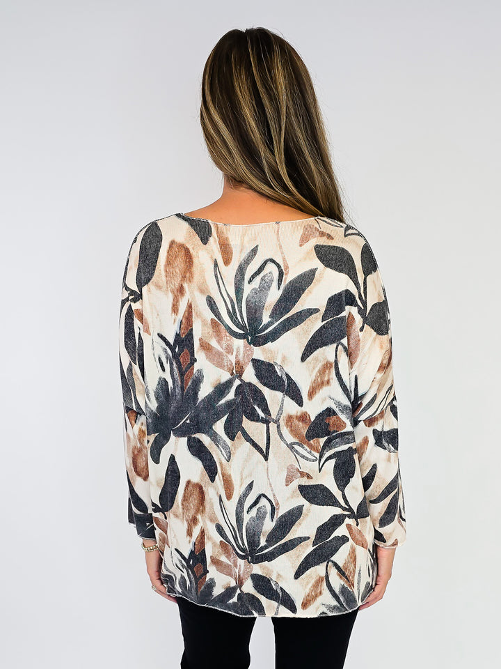 V-NECK DOLMAN SLEEVE TOP - ONE SIZE - FALL FLORAL TAN/BLACK