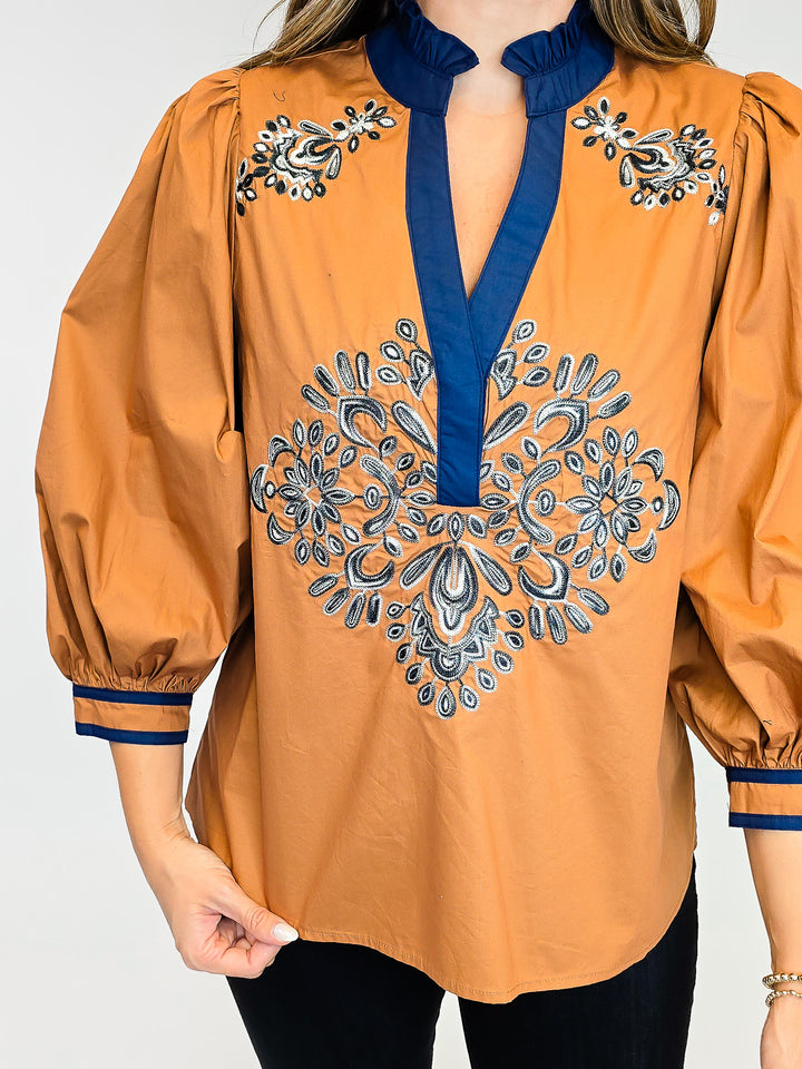 3/4 PUFF SLEEVE TOP W/CONTRAST TRIM SPLIT NECK TOP - CAMEL
