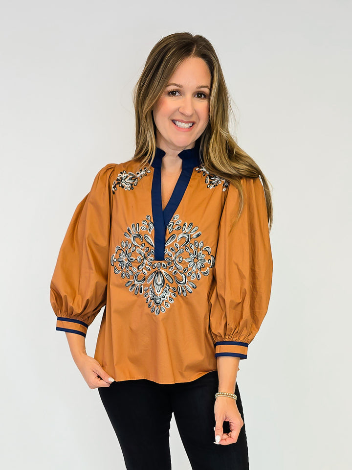 3/4 PUFF SLEEVE TOP W/CONTRAST TRIM SPLIT NECK TOP - CAMEL