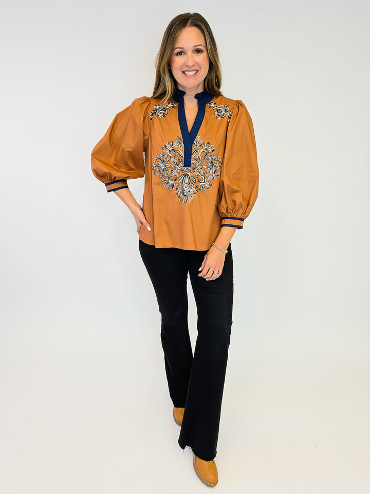 3/4 PUFF SLEEVE TOP W/CONTRAST TRIM SPLIT NECK TOP - CAMEL