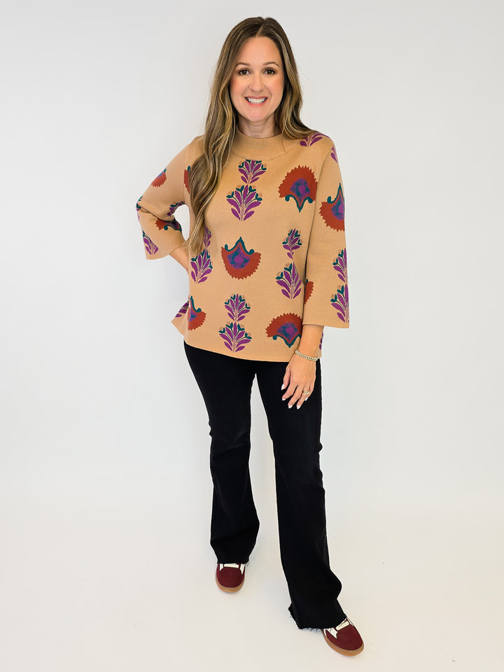 FLORAL KNIT SWEATER TOP - LATTE