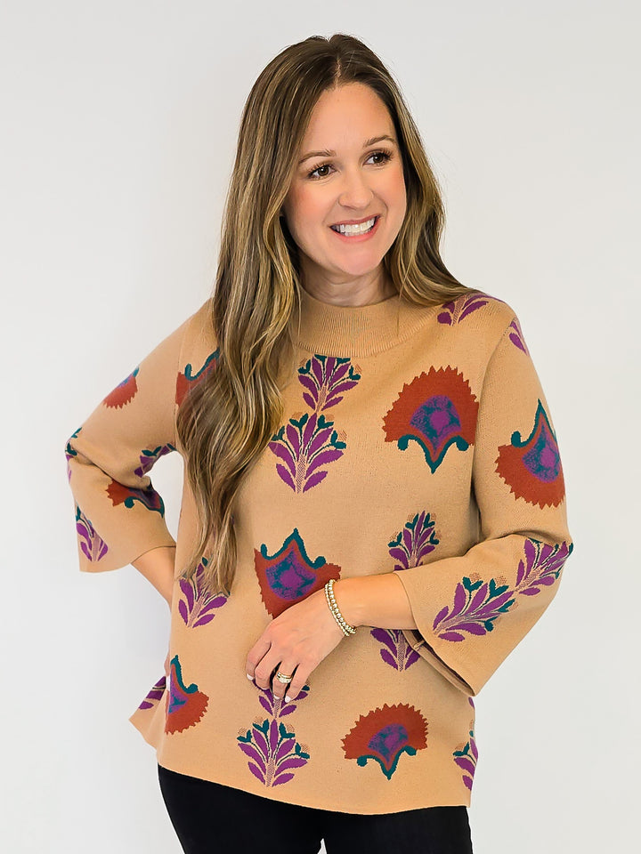 FLORAL KNIT SWEATER TOP - LATTE
