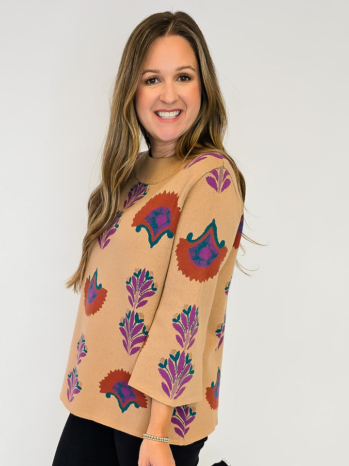 FLORAL KNIT SWEATER TOP - LATTE