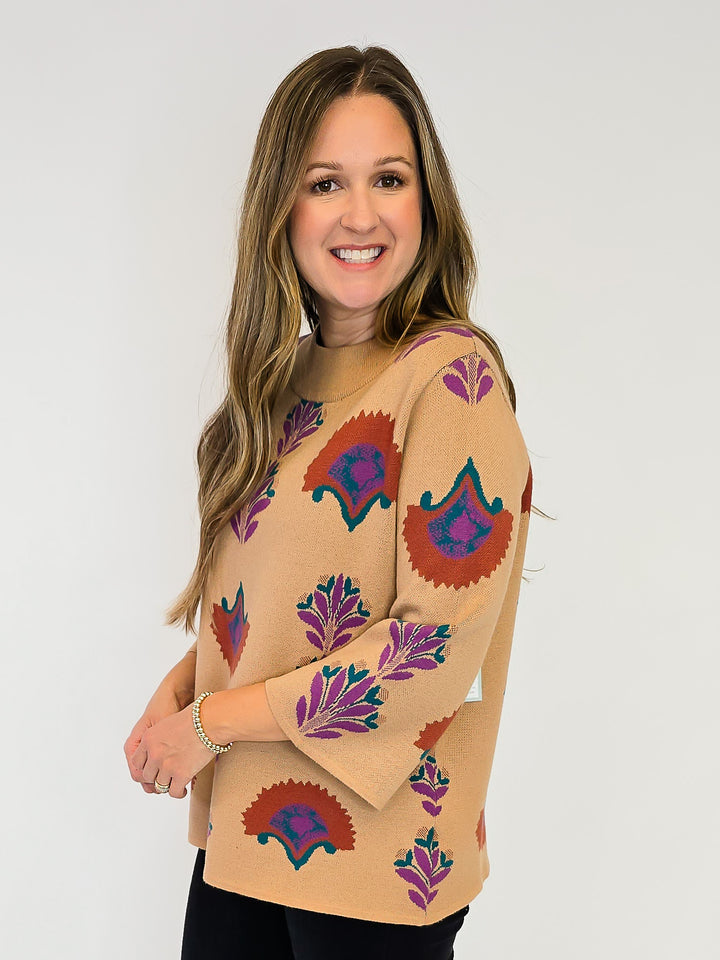 FLORAL KNIT SWEATER TOP - LATTE