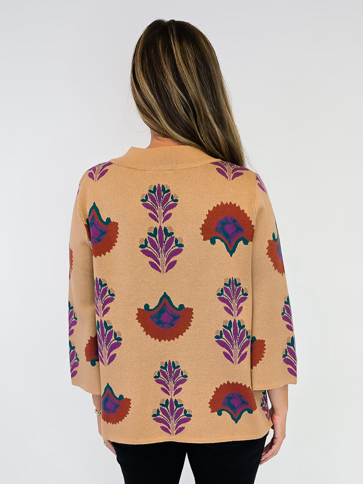 FLORAL KNIT SWEATER TOP - LATTE