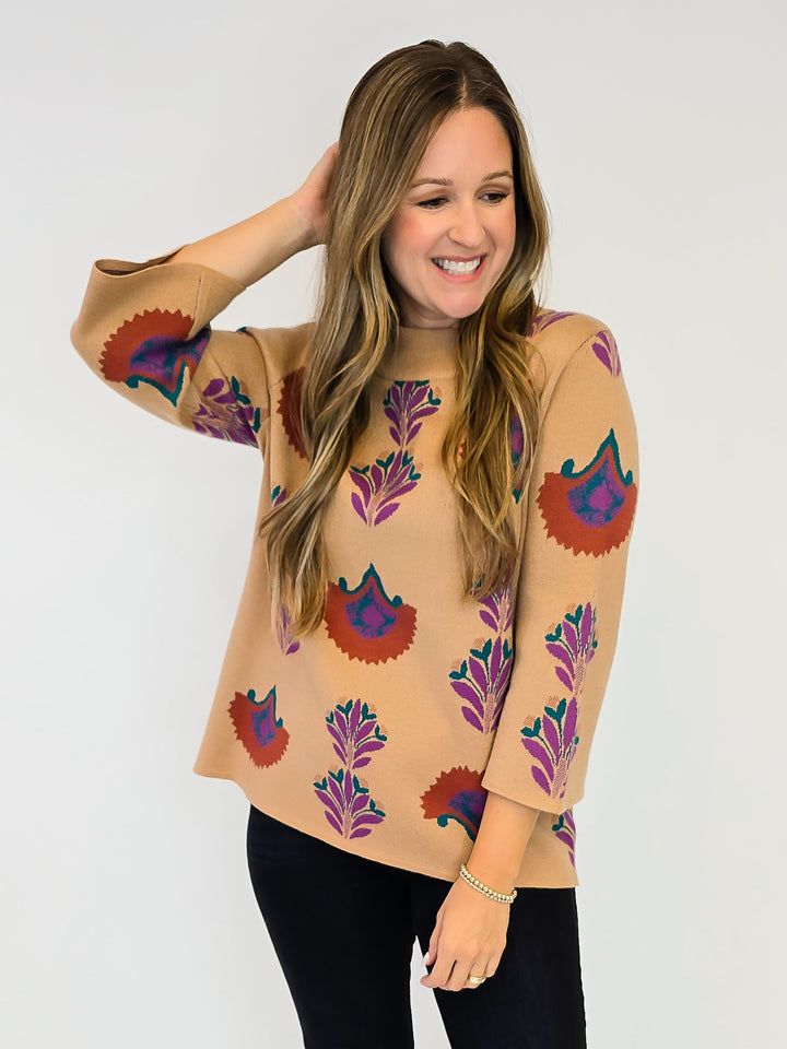 FLORAL KNIT SWEATER TOP - LATTE