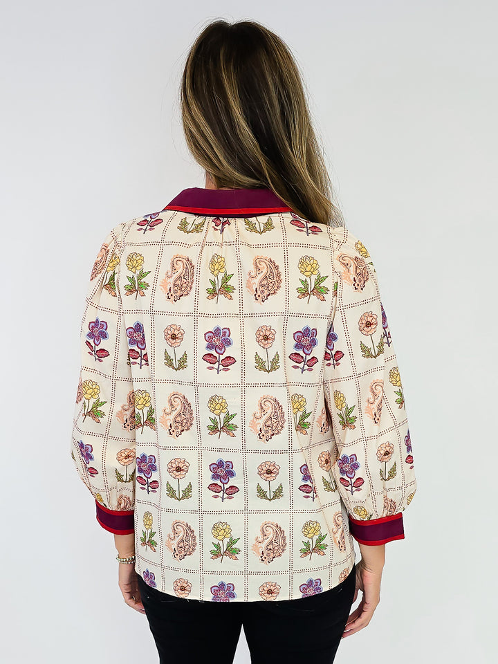FLORAL PRINTED CONTRAST SPLIT NECK TOP - ECRU