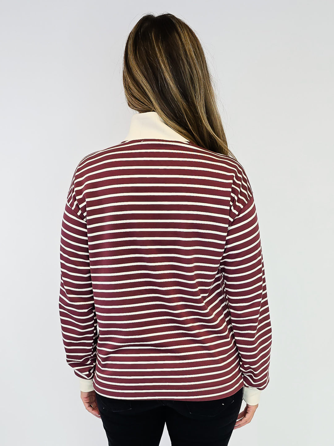 HALF BUTTON COLOR CONTRAST STRIPED SWEATSHIRT - BURGUNDY