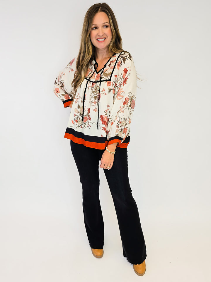 3/4 PUFF SLEEVE FLORAL BLOUSE - RUST