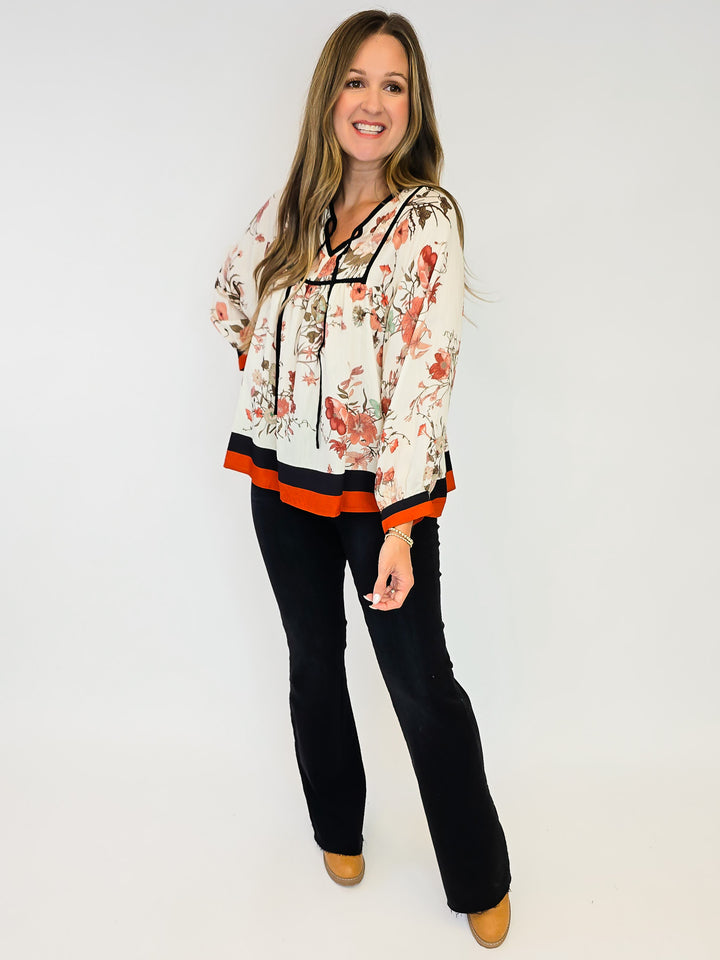 3/4 PUFF SLEEVE FLORAL BLOUSE - RUST