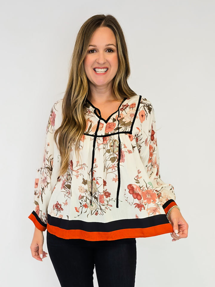 3/4 PUFF SLEEVE FLORAL BLOUSE - RUST