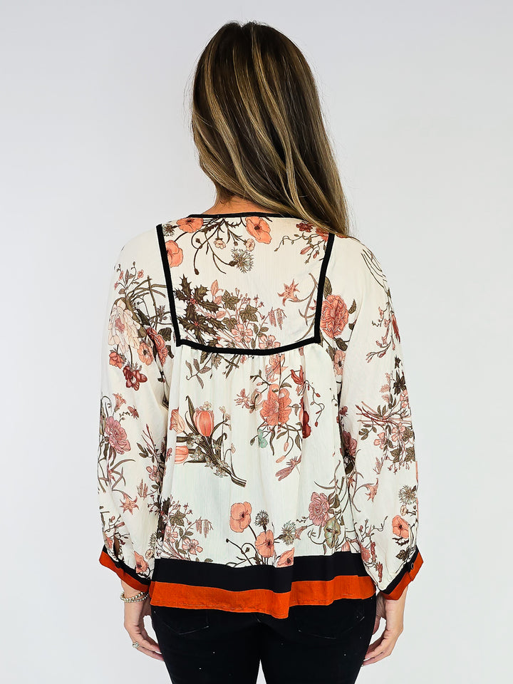 3/4 PUFF SLEEVE FLORAL BLOUSE - RUST