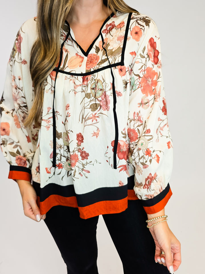3/4 PUFF SLEEVE FLORAL BLOUSE - RUST