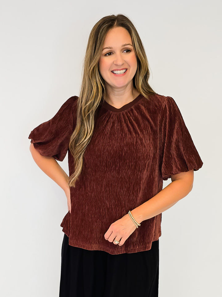 GOLD SPECKLED TEXTURED VELVET BUBBLE SLEEVE TOP - BROWN