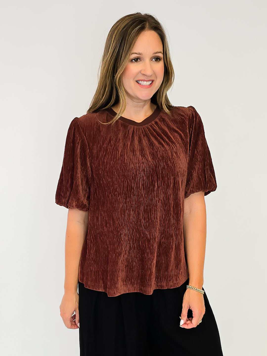GOLD SPECKLED TEXTURED VELVET BUBBLE SLEEVE TOP - BROWN