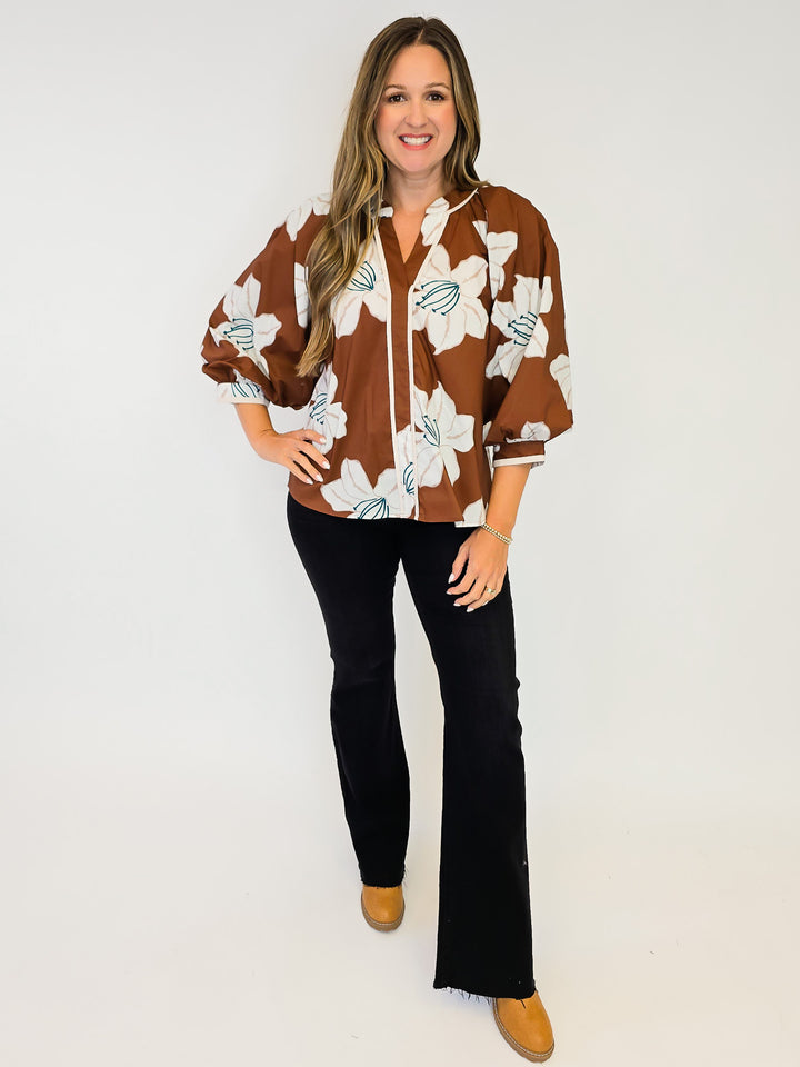 3/4 PUFF SLEEVE FLORAL TOP - BROWN